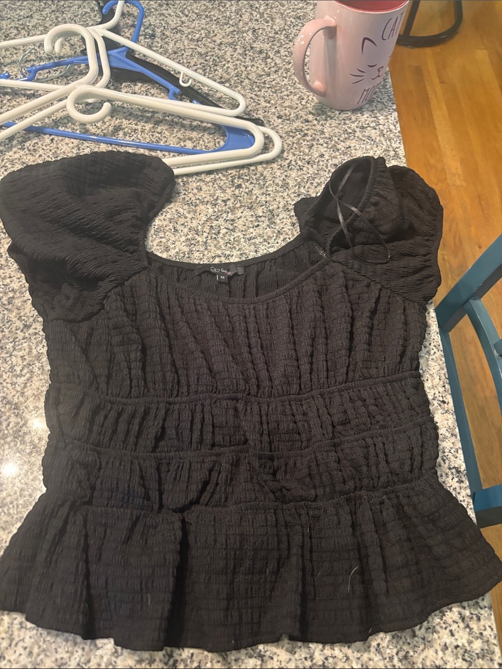 Textured Black Smocked Crop Top with Puff Sleeves